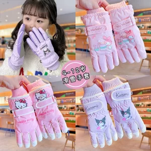 Sanrio Hello Kitty Children Ski Gloves Anime Figure Kuromi Winter Warm Snowboard Thicken Gloves Waterproof Non-slip Sport Gloves